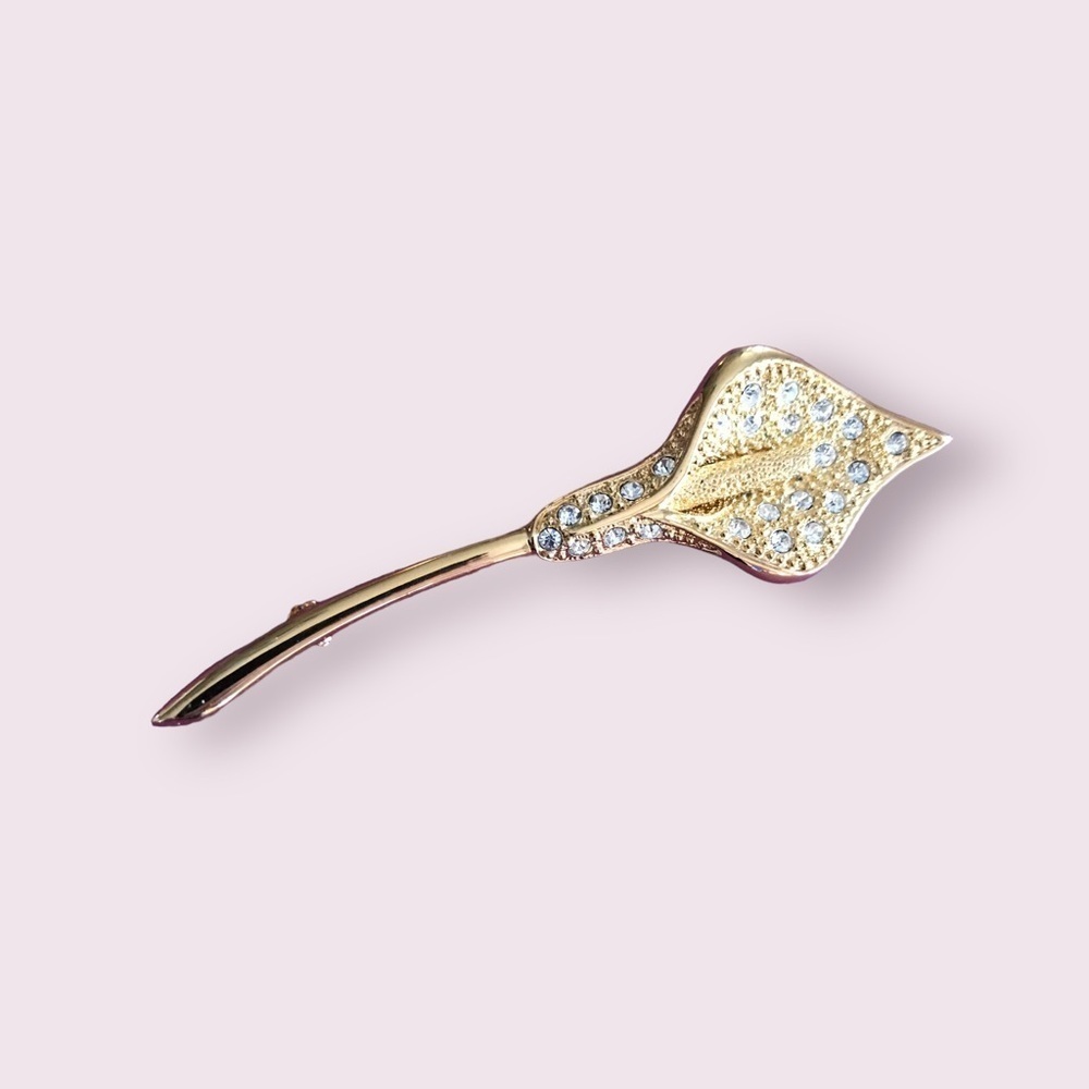 Napier Gold-Tone Calla Lily Flower Brooch, Pave Set Rhinestones Minimalist